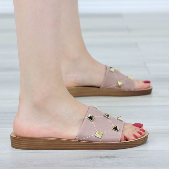 Blush Flat Comfort Flexible Sandal Slip On Sliders Trendy Gold Studs Glittery To - Picture 12 of 15